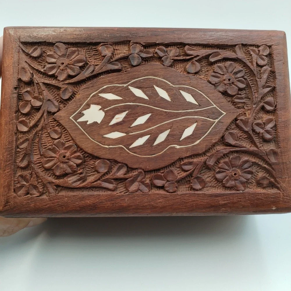 Vintage Hand Carved Indian‎ Wood Jewelry Box Inlay Floral Trinket Boho 6